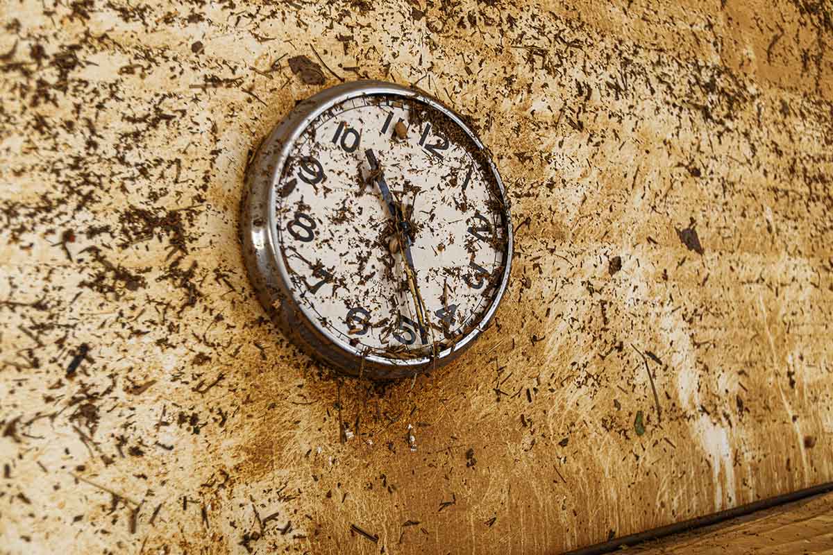 Fotografia representativa del trabajo de prensa en el que aparece un reloj de pared lleno de barro tras una riada