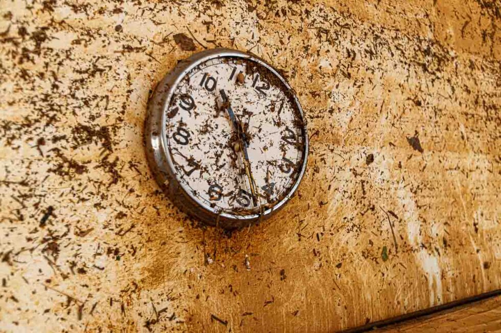 Un reloj lleno de barro refleja las consecuencias de la riada